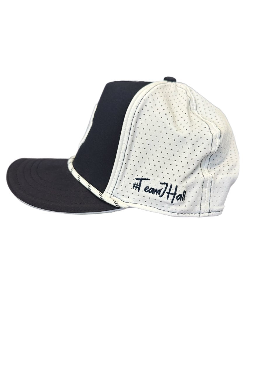 The navy #TeamJHall performance snapback facing to the side showing the mesh back and the navy blue #TeamJHall logo written on the side.