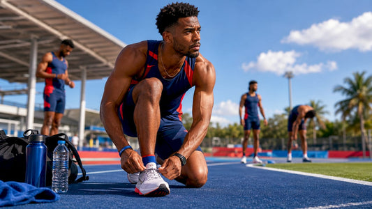Male sprinter preparing mentally before race