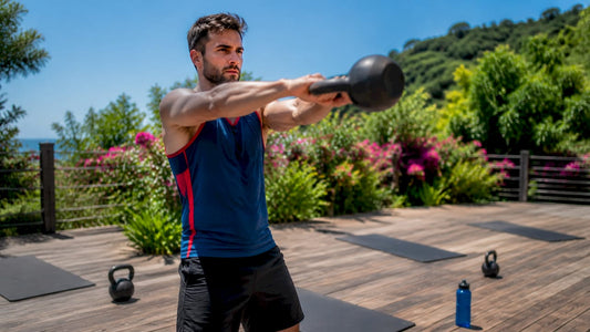 Athlete performing kettlebell swing in gym