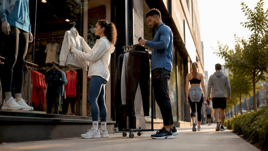 Couple browsing fitness apparel in urban store