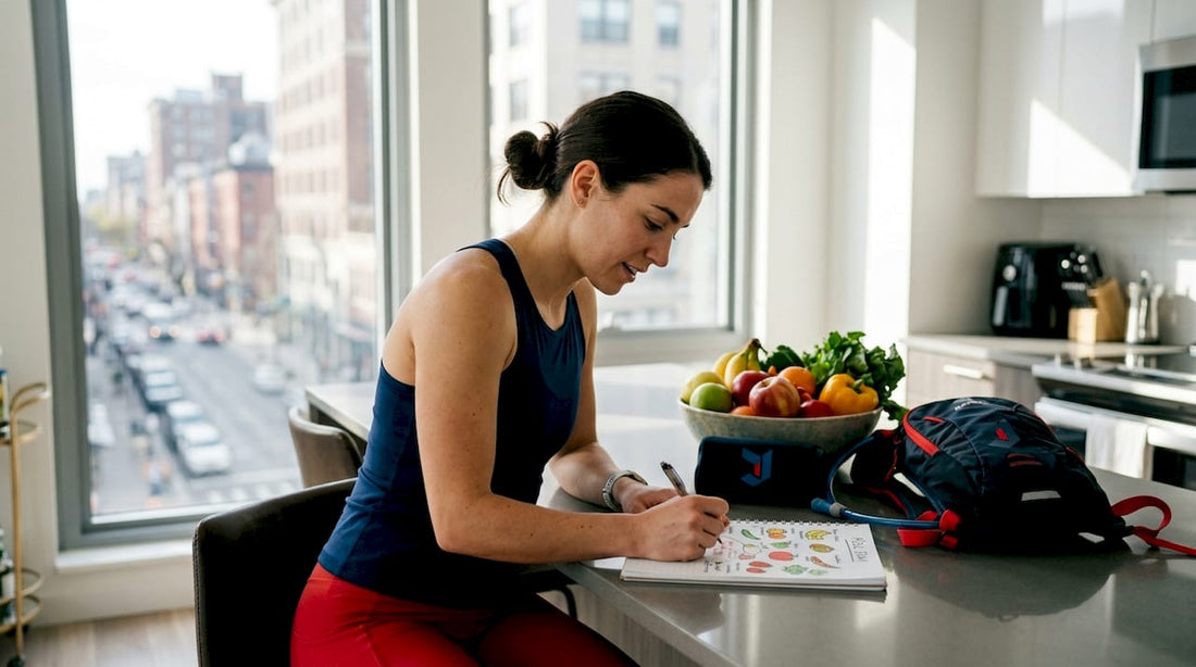 Athlete planning nutrition meal at kitchen table