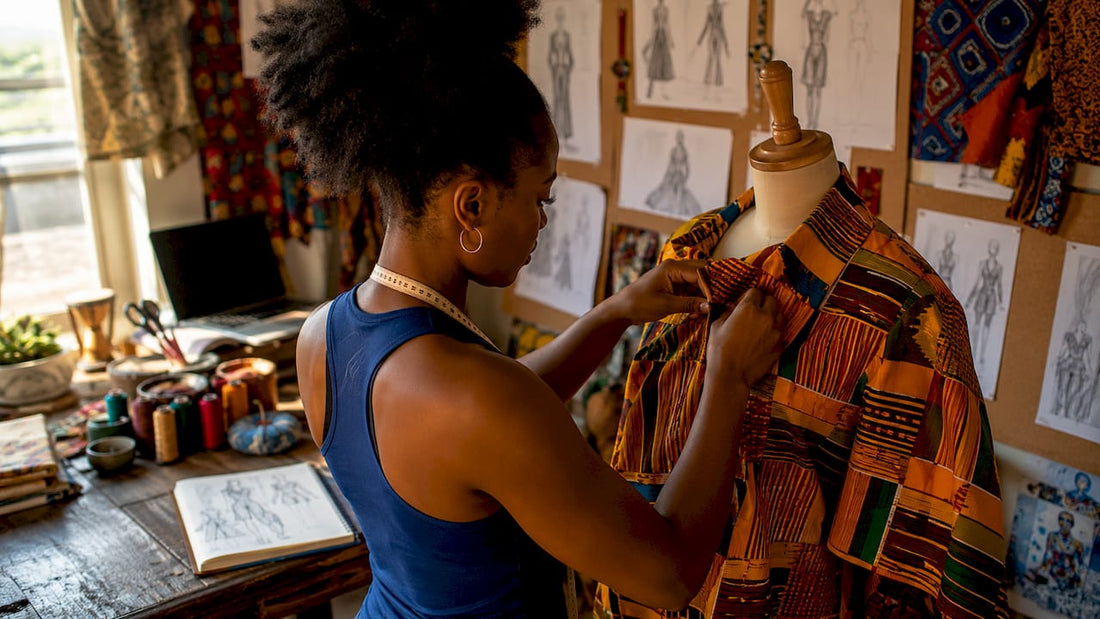 Woman tailoring African textile garment