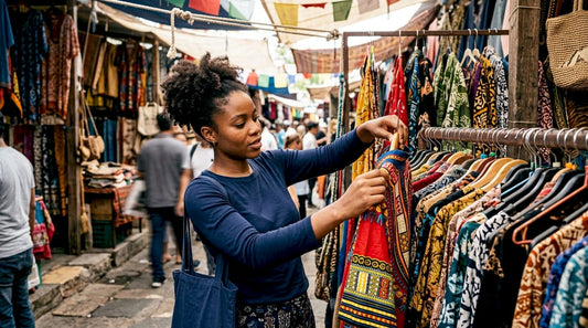 Diverse woman arranging apparel in bright studio