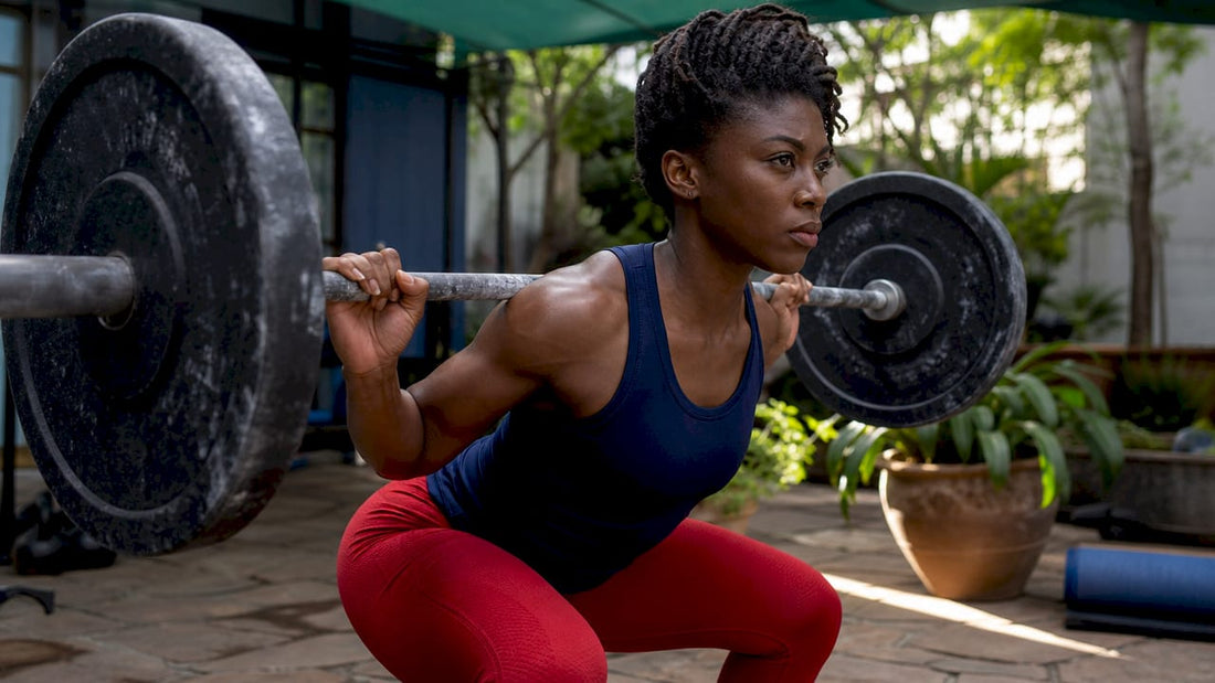 Female athlete doing weighted squats in gym