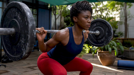 Female athlete doing weighted squats in gym