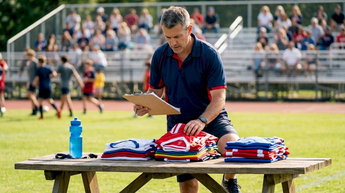 Coach organizing team uniforms in locker room
