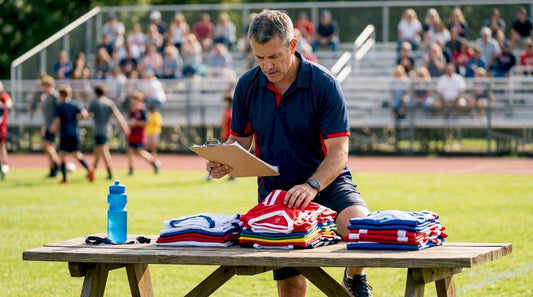 Coach organizing team uniforms in locker room