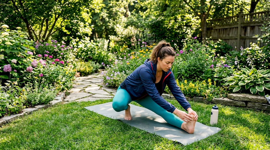 Woman stretching in bright home gym