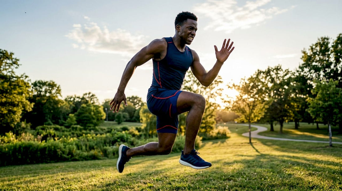 Athlete performing jump lunge in home gym