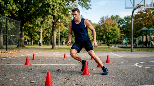 Athlete doing basketball agility drills indoors