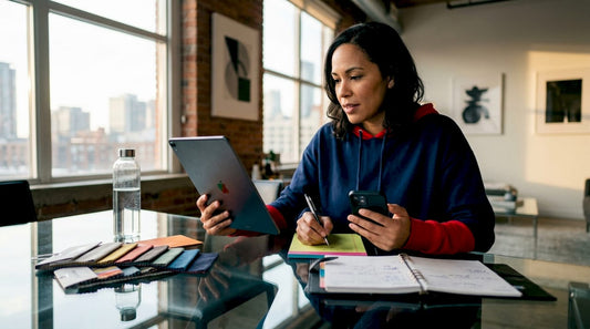 Woman researching athletic apparel options at home