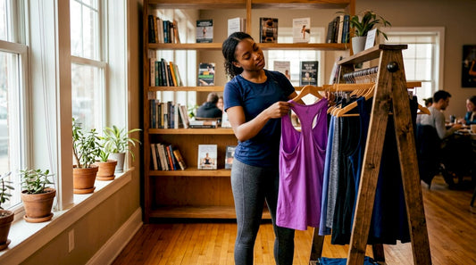 Female athlete choosing workout clothes indoors