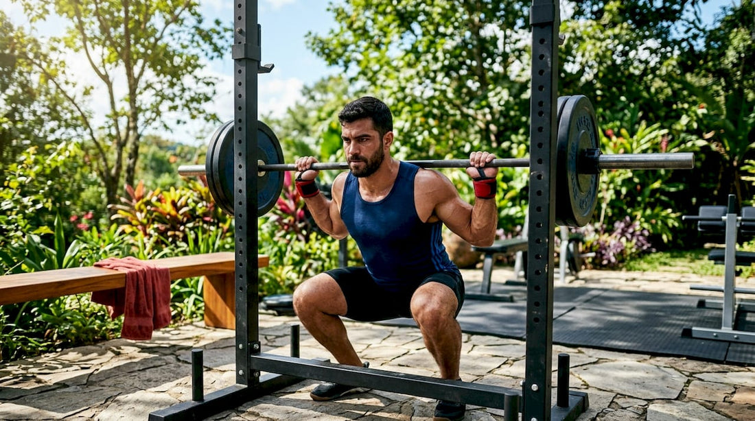 Professional athlete performing weighted squat in gym