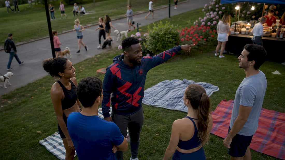 Man wearing identity apparel talking outdoors
