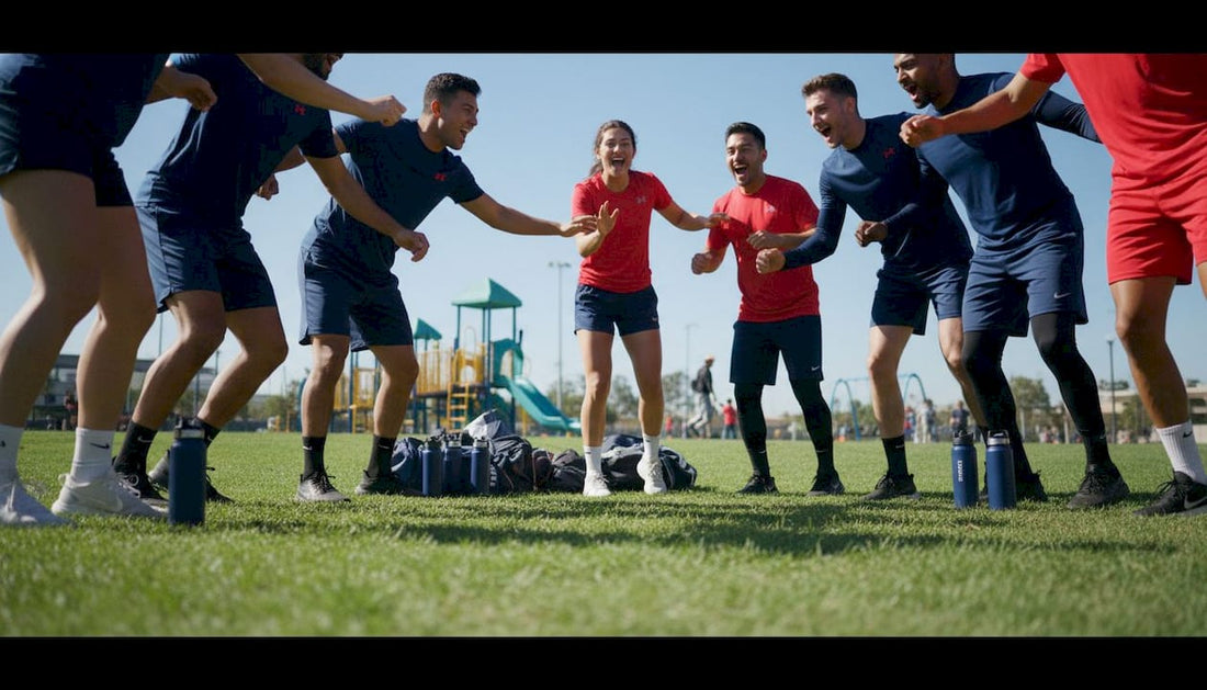 Athletic team huddled outdoors supporting each other