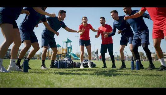 Athletic team huddled outdoors supporting each other