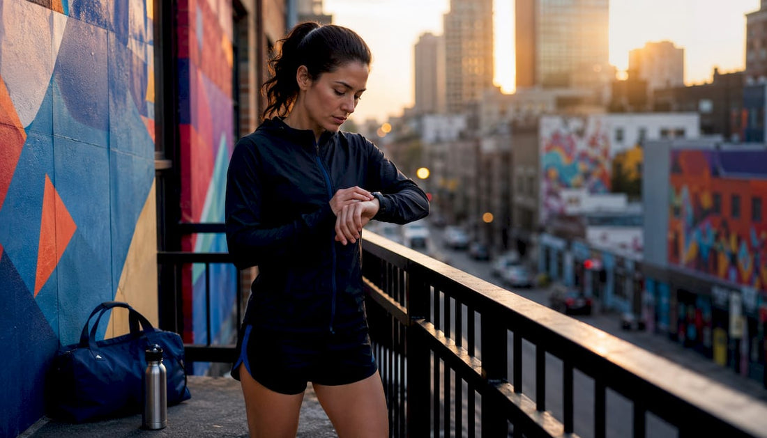 Runner preparing on urban rooftop at dawn