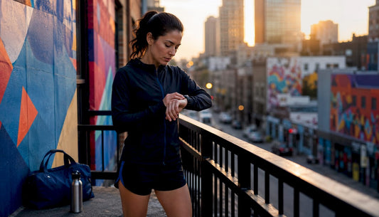 Runner preparing on urban rooftop at dawn