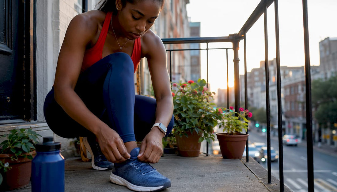 Woman putting on running shoes indoors preparing workout