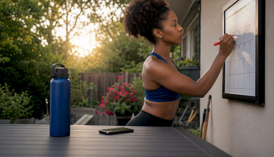 Mother marking workout calendar in kitchen