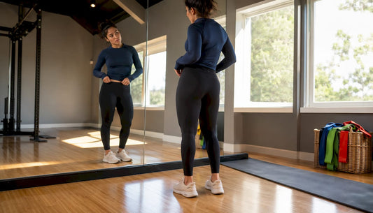Woman checking fit of modest workout clothes