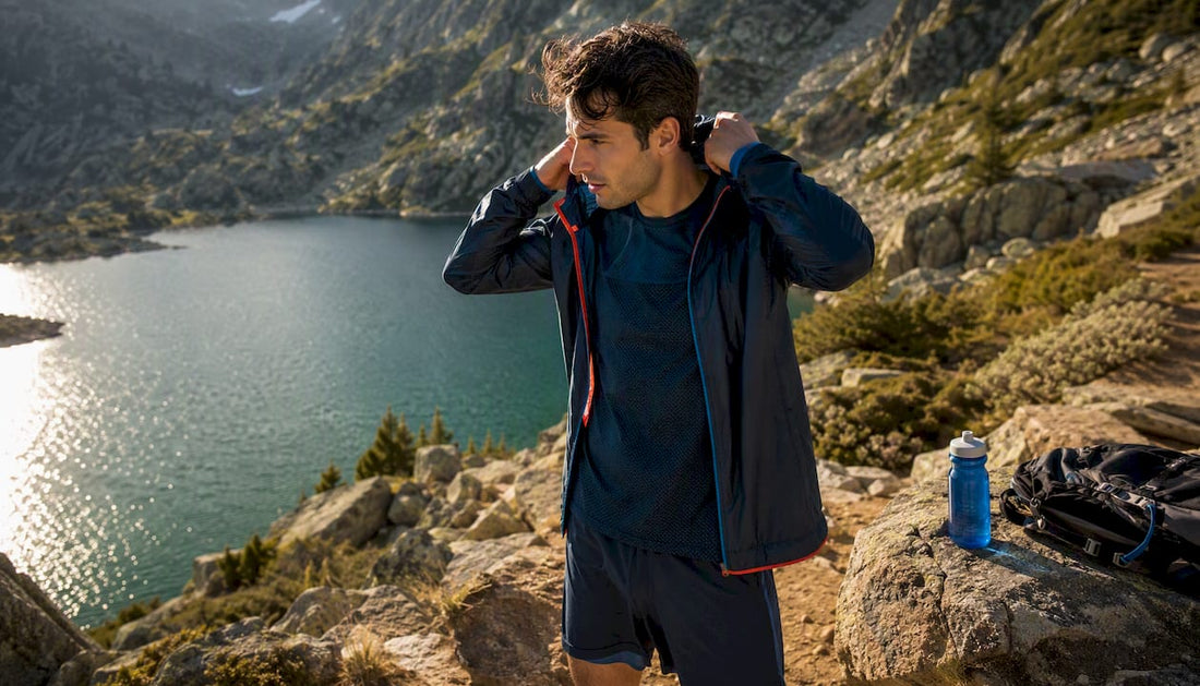 Outdoor athlete wearing drip-dry gear by mountain lake