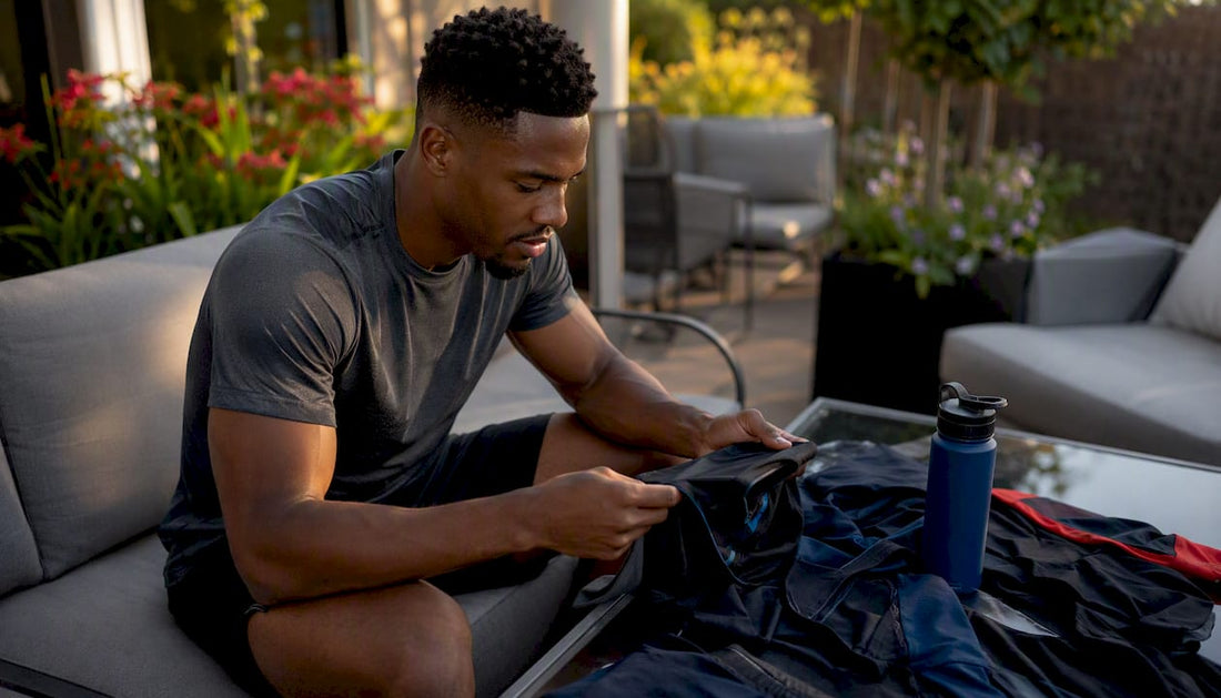 Athlete reviewing performance sportswear indoors