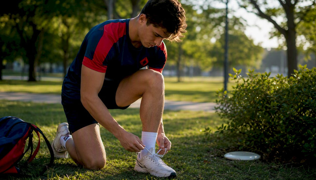 Athlete tying shoe wearing loyalty apparel