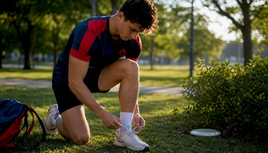 Athlete tying shoe wearing loyalty apparel