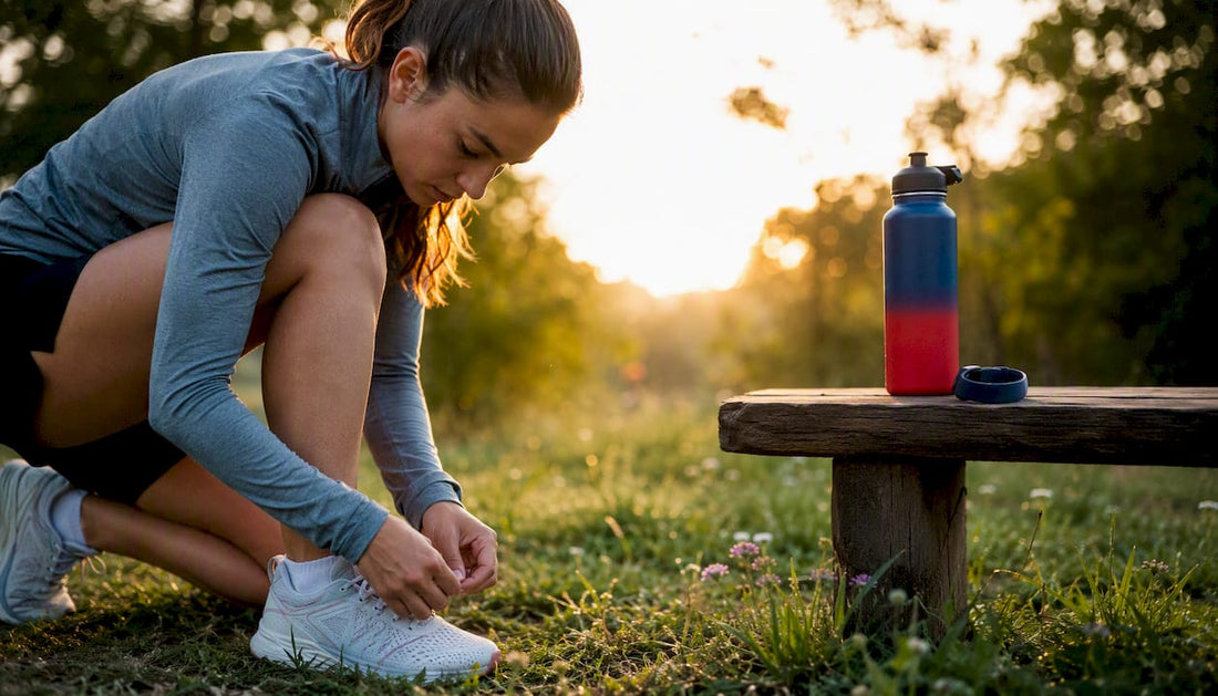 Athlete lacing running shoes before training