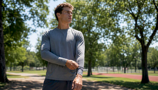 Athlete adjusting UPF shirt sleeve outdoors