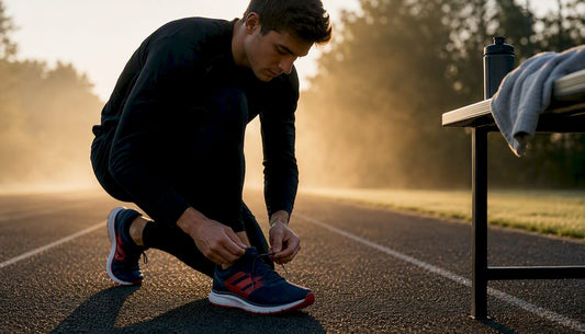Athlete lacing shoes on sports track