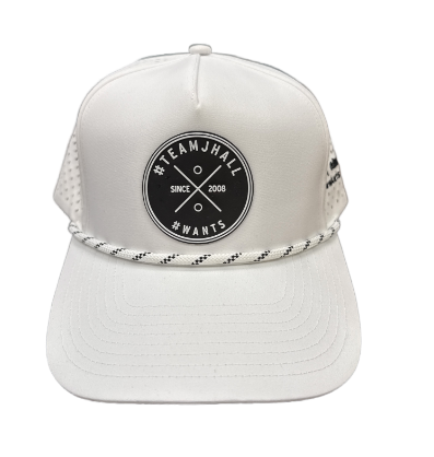 #TeamJHall's white snapback athletic hat, featuring the alternate #TeamJHall logo,  facing forward with the logo clearly visible.